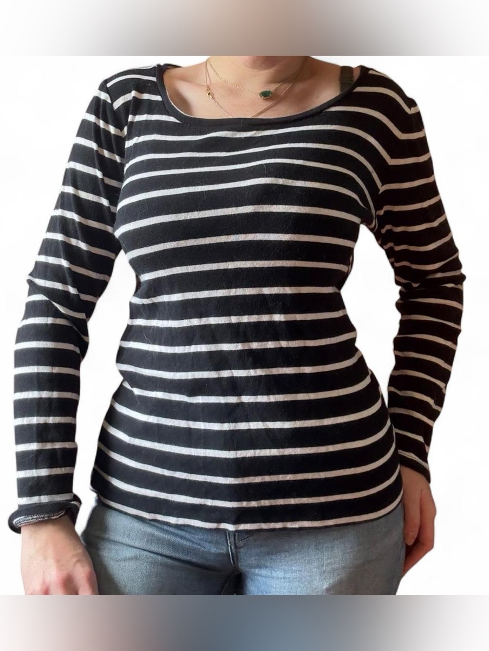 Women’s Black & White Striped Long-Sleeve Boatneck Top